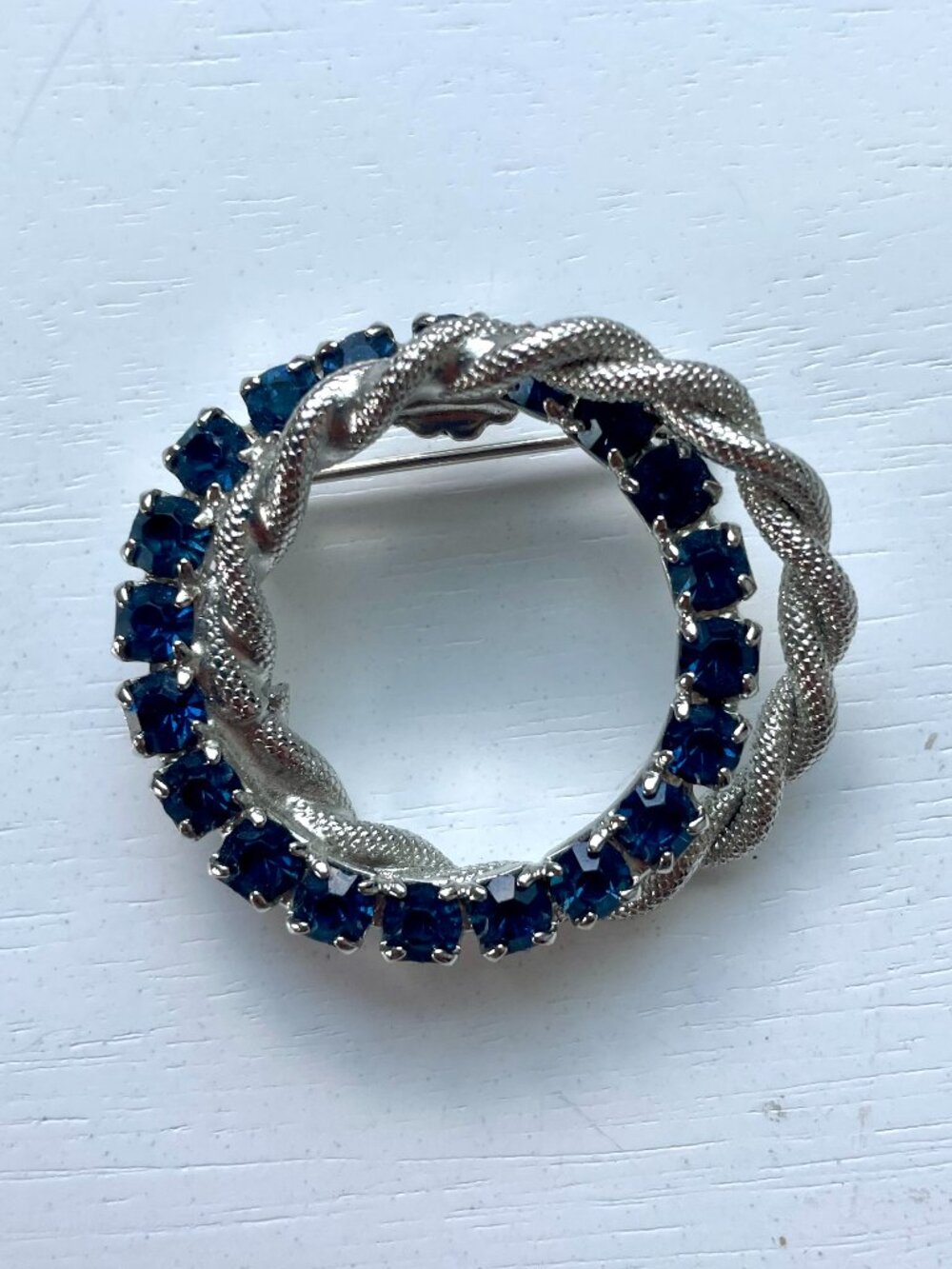 Vintage Double Circle Silver-Tone & Blue Rhinestone Brooch